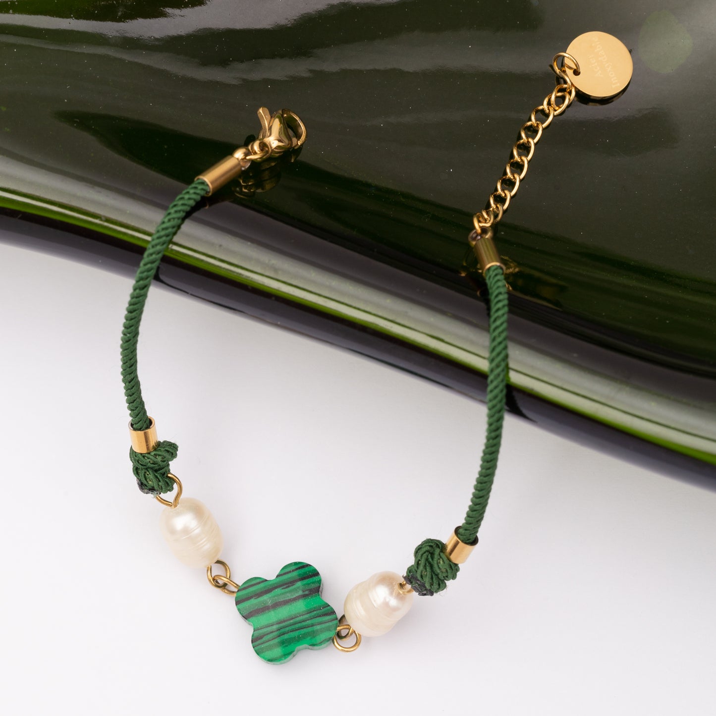 Gourmette en trèfle malachite véritable et perles d'eau douce en acier inoxydable garantie