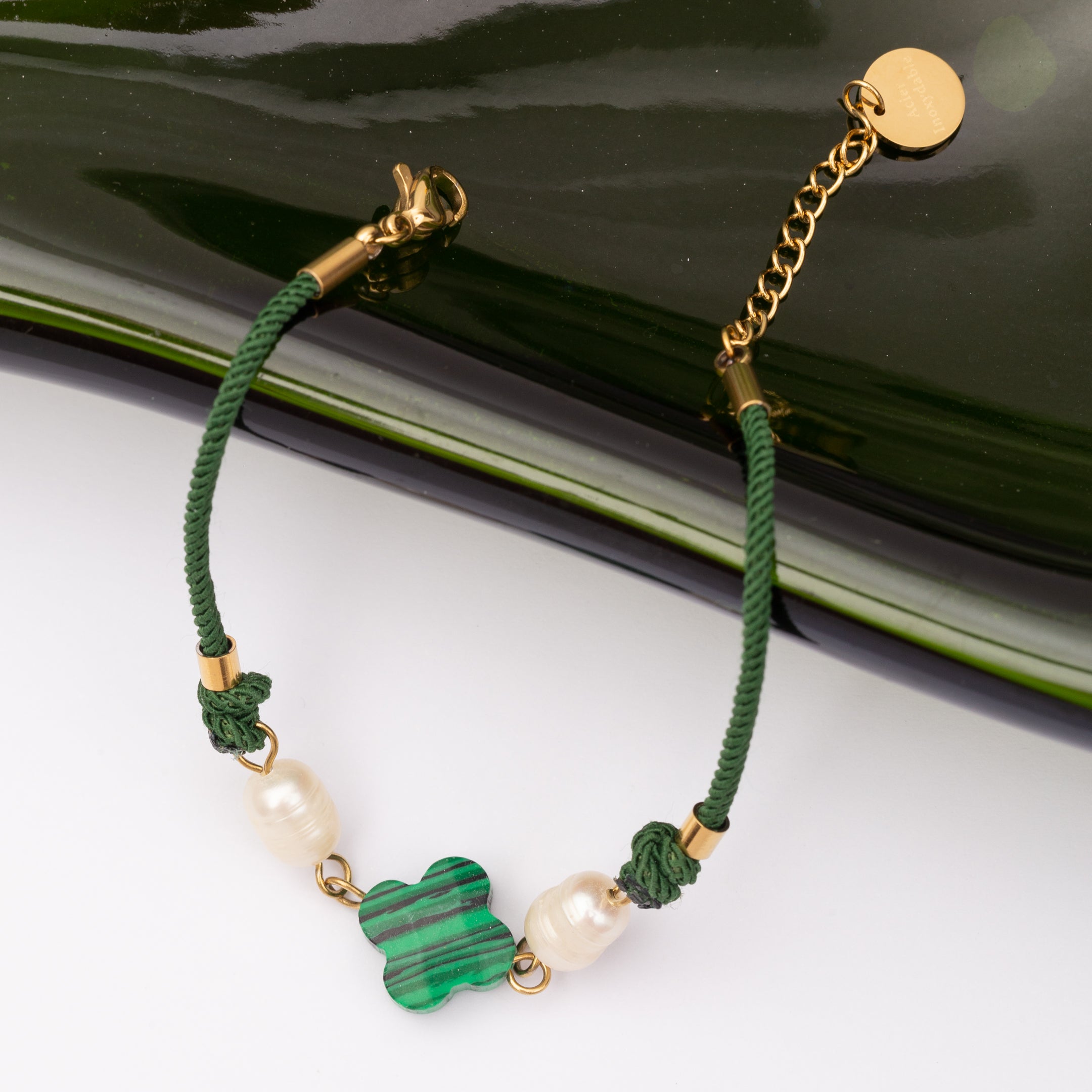 Gourmette en trèfle malachite véritable et perles d'eau douce en acier inoxydable garantie