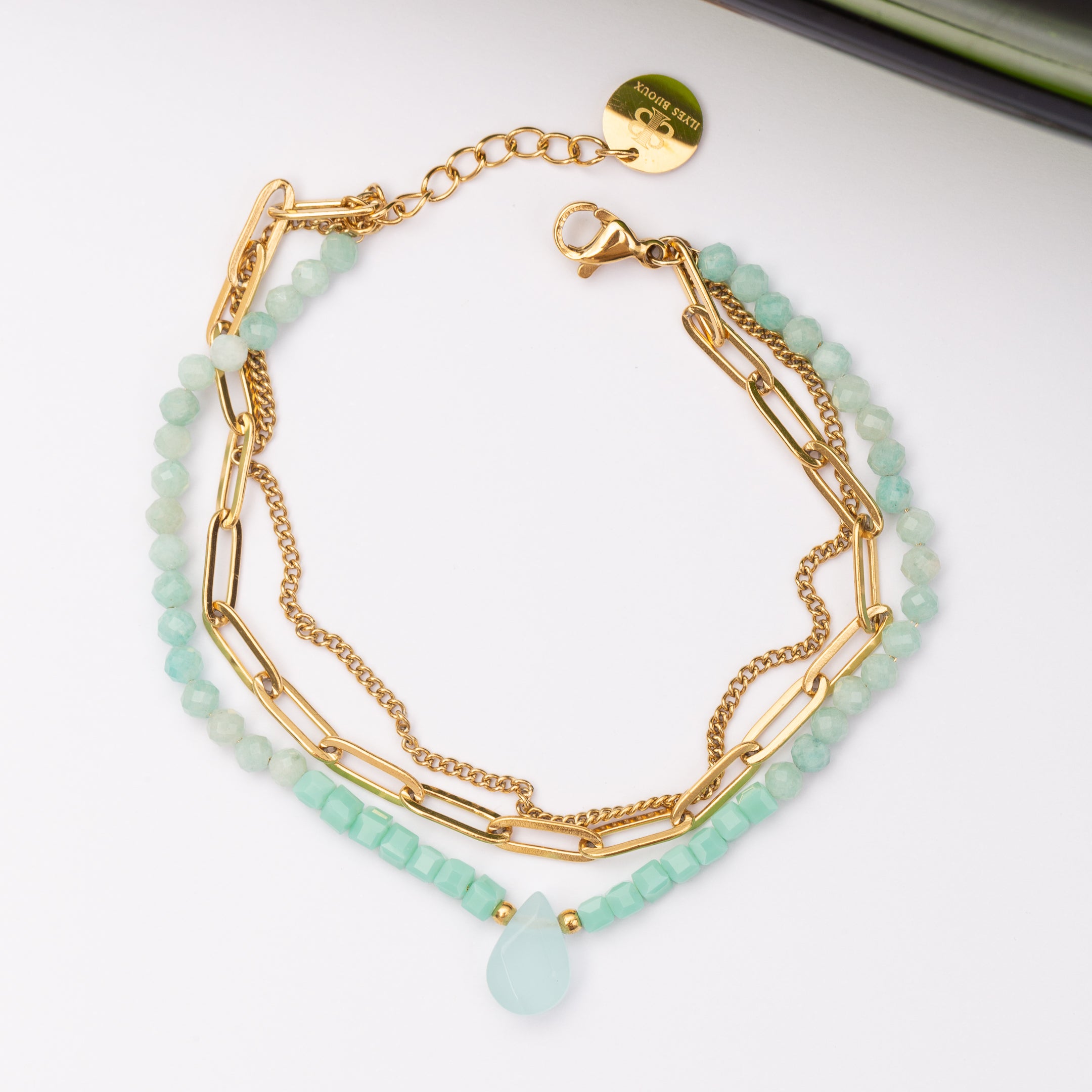 Gourmette Maréa en pierre Amazonite et Cristal en acier inoxydable garantie